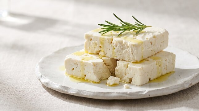 Fresh blocks of feta cheese drizzled with olive oil on a rustic plate.