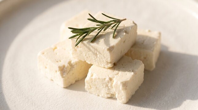 Fresh cubes of white feta cheese garnished with rosemary on a ceramic plate.