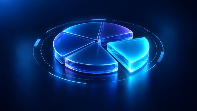 Futuristic 3D glass pie chart with glowing blue neon edges representing digital data analytics, business strategy, and corporate market share.