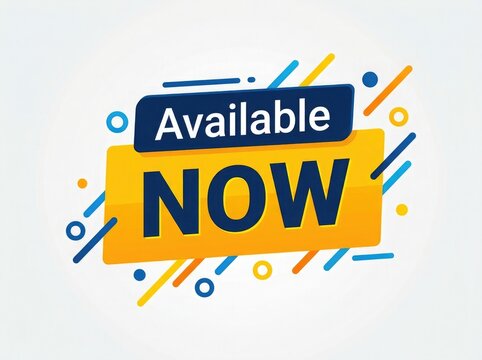 Bright modern graphic design featuring the words available now with colorful abstract shapes and lines