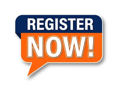 Bright orange and blue register now speech bubble graphic for online promotions and event signups