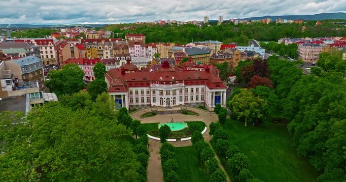 Aerial view of a beautiful forest city featuring incredibly fairytale, like architecture and thermal springs with healing water, Karlovy Vary, Czech Republic