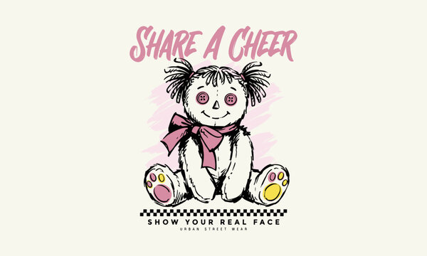 Sketchy street wear graphic of a cute rag doll with pigtails and button eyes for t shirt design.