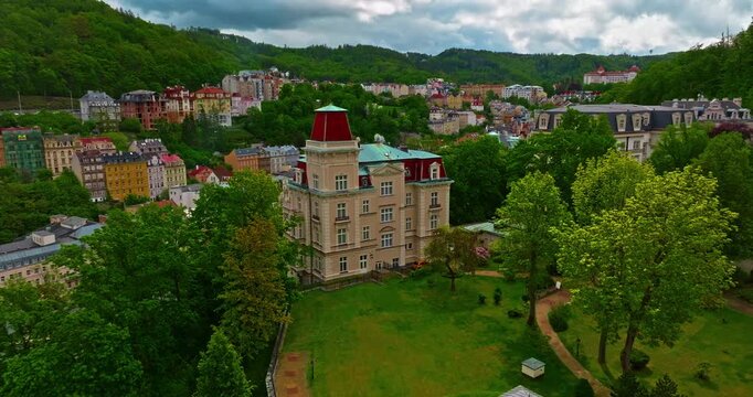 Aerial view of a beautiful forest city featuring incredibly fairytale, like architecture and thermal springs with healing water, Karlovy Vary, Czech Republic
