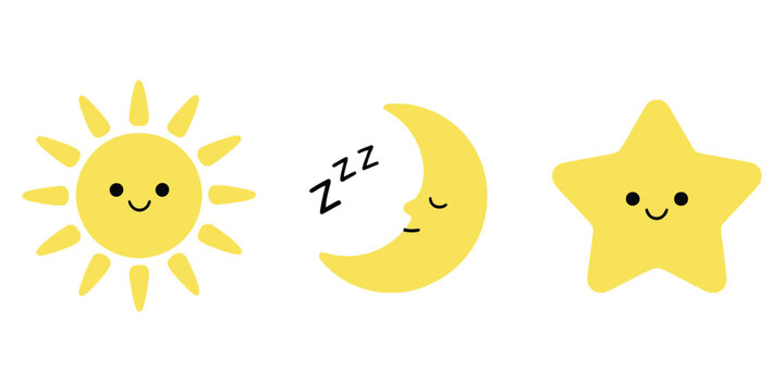 sun moon and star icon set, cute smiling characters with sleeping moon for kids and bedtime