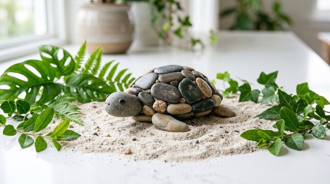 A charming turtle sculpture made from smooth river stones, resting on a bed of sand, surrounded by lush green leaves and ferns