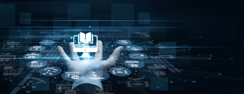 Educator handhold E-learning icon displaying virtual classroom network. Teacher using modern tablet analyzing online student progress and digital course modules. Smart education platform.