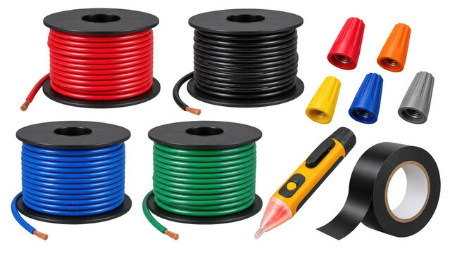 Electrical supplies including spools of colored wire, wire nuts, a voltage tester, and electrical tape , Transparent Background, AI generative