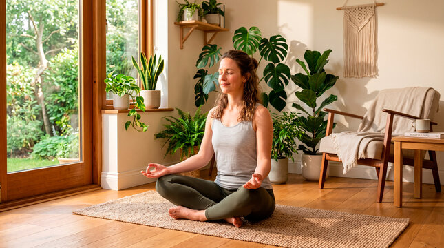 Young woman practicing gentle yoga in a bright living room with natural light