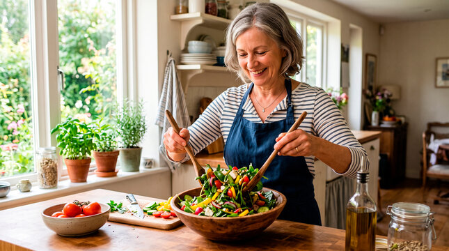 Senior woman preparing fresh salad in kitchen with natural light