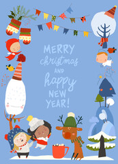 Fototapeta premium Cute Cartoon Frame With Kids, Animals and Christmas Elements