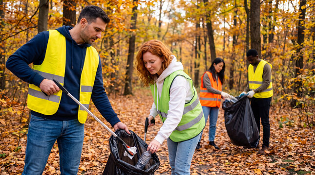 Volunteers clean up a forest area during autumn with trees in fall colors