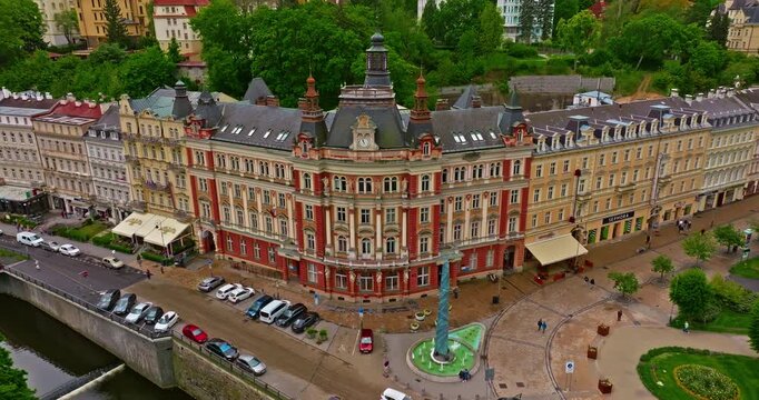 Aerial view of a beautiful forest city featuring incredibly fairytale, like architecture and thermal springs with healing water, Karlovy Vary, Czech Republic