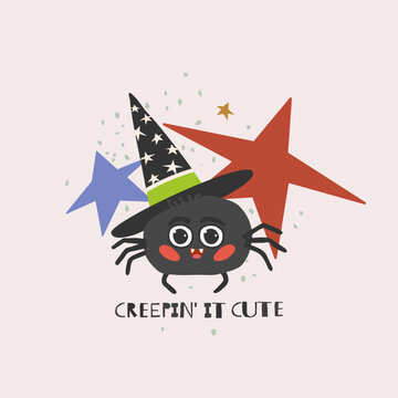 Cute Halloween spider with witch hat and stars in flat vector style for card print and party decor