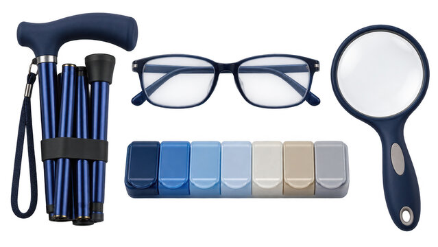 A collection of aids for elderly people, including a folding cane, reading glasses, a magnifying glass, and a pill organizer , Transparent Background, AI generative