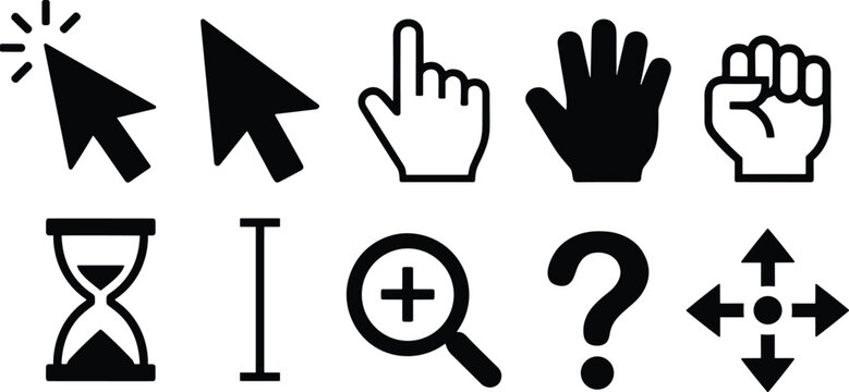 Collection of black mouse cursors and computer icons for digital interfaces and web design