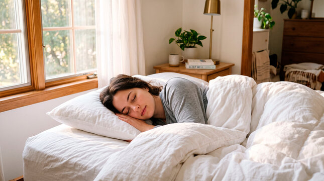 Young woman sleeping peacefully in bed with natural light in bedroom setting