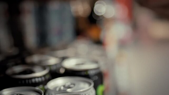 A hand selects an aluminium can of sparkling water from a store shelf surrounded by rows of other drinks in a modern retail store