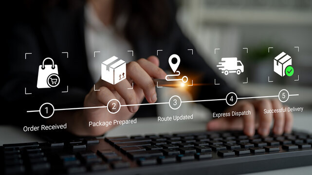 Detailed visuals depicting the logistics tracking process from order receipt to successful delivery, highlighting efficiency in e-commerce management using keyboard input. Nascent