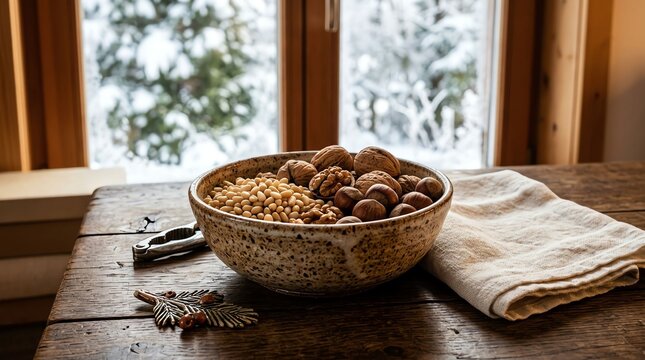 A rustic bowl of shelled hazelnuts and walnuts sitting on a wooden table near a snowy window