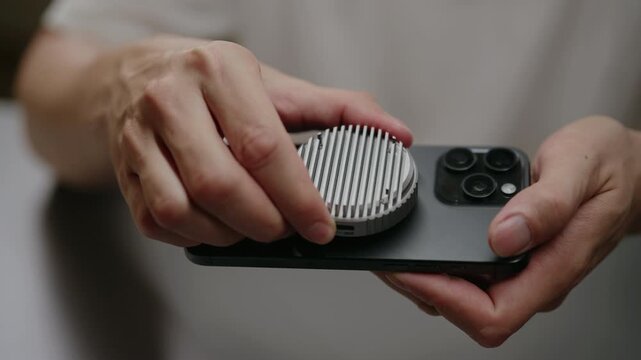 Close-up of hands attaching circular cooling fan to mobile phone. Person using new tech gadget for smartphone performance, cooling, mobile gaming. Concept of tech accessory for preventing overheating.