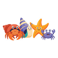 Fototapeta premium Cute cartoon sea creatures smiling together including hermit crab starfish snail and little crab