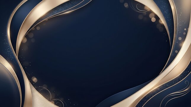 Abstract dark blue background with elegant flowing golden curves and subtle glitter particles for luxury design projects