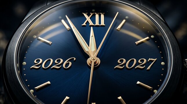 Close up of a clock face showing the transition from the year 2026 to the year 2027