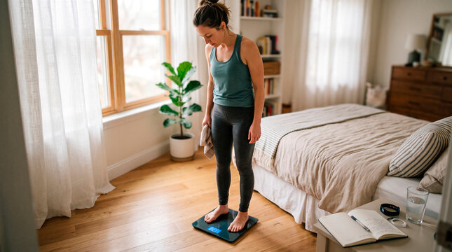 Young woman using digital bathroom scale in bedroom with natural light