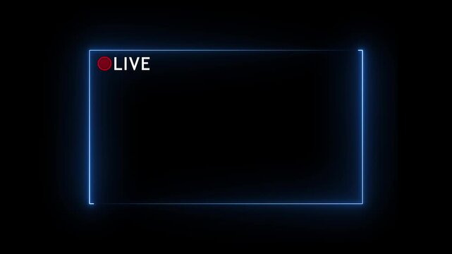 Glowing blue neon live streaming frame border with red REC record icon overlay motion graphics video animation for broadcast, podcast, webcam overlay and online video recording background.