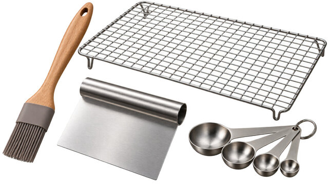 Baking tools such as a pastry brush, dough scraper, cooling rack, and measuring spoons , Transparent Background, AI generative