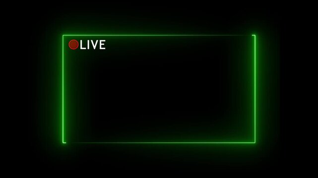 Glowing green neon live streaming frame border with red REC record icon overlay motion graphics video animation for broadcast, podcast, webcam overlay and online video recording background.