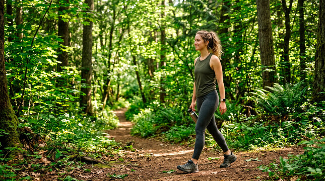 Young woman walking in forest during daytime with natural light and greenery