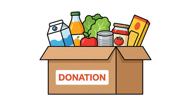 Cardboard box filled with assorted food items for charitable donation