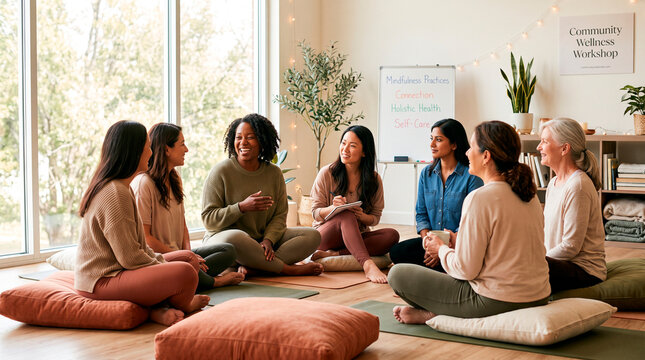 Women attending wellness workshop in a bright indoor setting with natural light