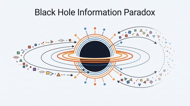 Black hole information paradox diagram illustrating data loss and theoretical physics in a high quality educational vector illustration for science