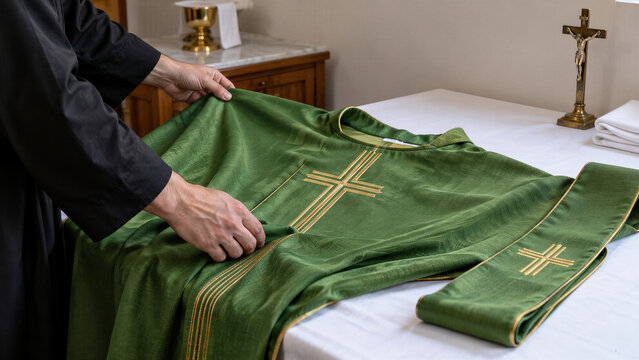 Priest preparing green chasuble with golden cross on table. Catholic vestment and crucifix in church sacristy. Liturgy preparation and religious faith concept.