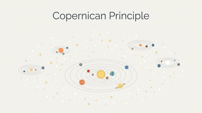 Copernican principle vector diagram showing multiple planetary systems in the universe for astronomy and cosmology education