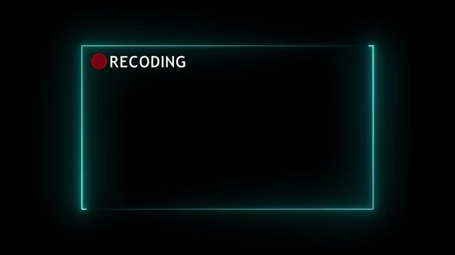 Glowing neon video recording border overlay with red REC recoding dot icon for web-cam layout, live broadcast, podcast video template, virtual meeting background and content creation element.