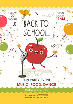 Back to school template vector poster background. Cute vector red apple dancing and singing in a retro metal microphone surrounded by colored balls and confetti.