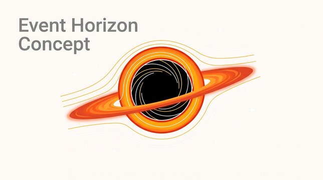 Event horizon concept visual showing accretion disk and light path distortion in a detailed educational vector illustration for astrophysics studies