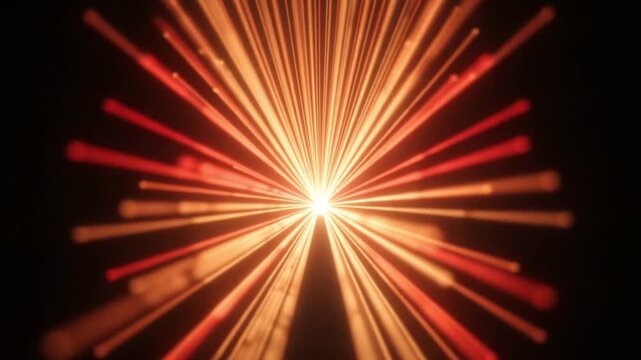 Golden light rays exploding from center, abstract orange starburst motion background, glowing energy beam particles for cinematic transitions