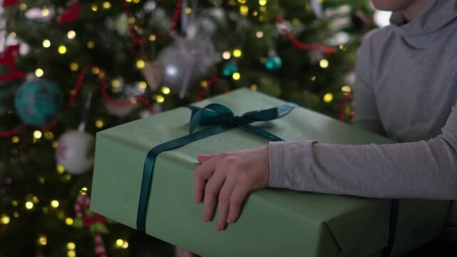 A red haired teenager is holding a gift wrapped in green paper with a shiny green satin bow and looking at it, while lights are glowing in the background. Christmas atmosphere. The magic of the holida