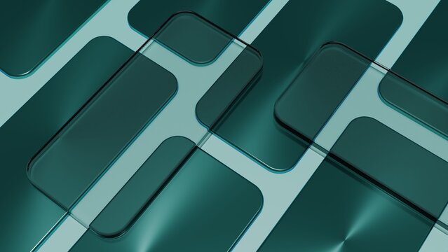 3D render of teal glass rounded rectangles in an overlapping grid
