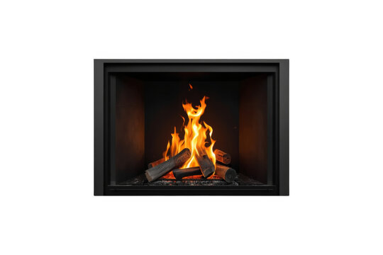 Modern black fireplace with burning logs and flames