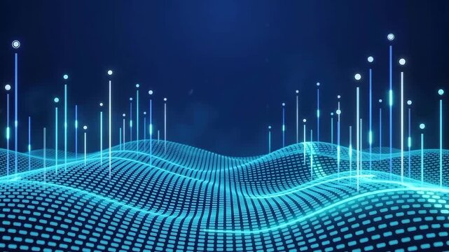 Digital data wave landscape with glowing vertical light lines and futuristic network motion graphics