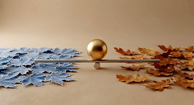 Autumn equinox seasonal transition balancing golden sphere leaves contrast concept