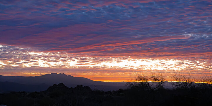 Ultra Wide Arizona Sonoran Desert Sunrise With Four Peaks Mountain Range 
