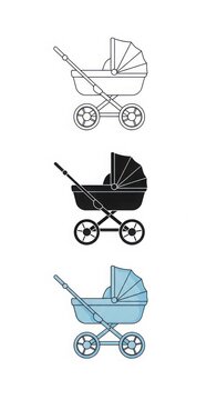 Set of three baby strollers in outline solid black blue vector illustration styles stroller