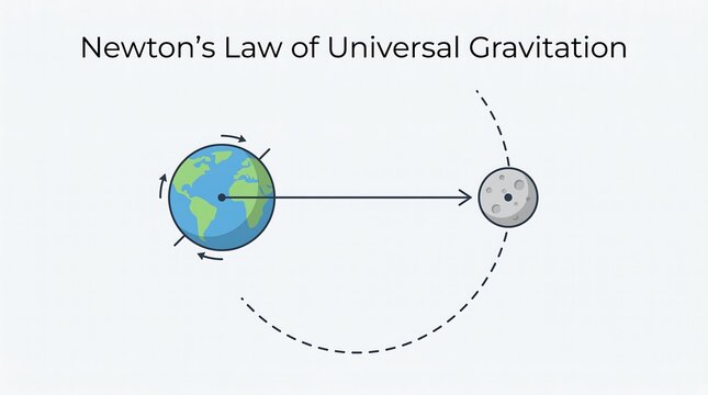 Newton law of universal gravitation diagram showing earth and moon orbit with gravitational force vector path in flat vector illustration style